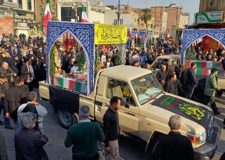 آیین تشییع باشکوه پیکر مطهر ۱۴ شهید گمنام در اهواز برگزار شد